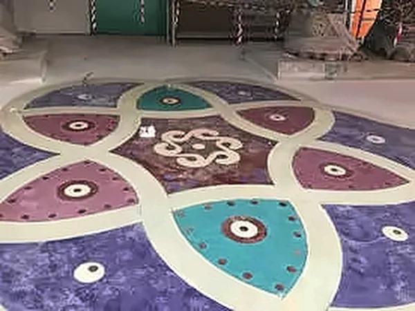 Purple, teal and white floor medallion pattern