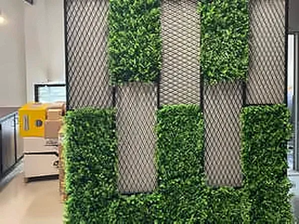 Green planted wall panels in a steel frame