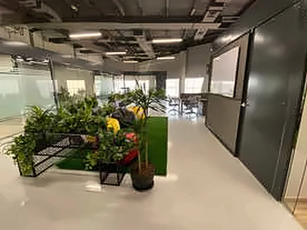 Open office floor with a landscaped island and exposed ceiling